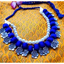  BLUE BEADS, PEARLS AND SILVER ALLOY FLOWERS NECKLACE SET 
